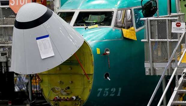 The angle of attack sensor, at bottom center, is seen on a 737 MAX aircraft at the Boeing factory in Renton, Washington