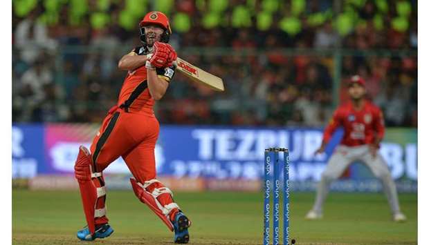 Royal Challengers Bangalore batsman AB De Villiers plays a shot against Kings XI Punjab in their 2019 Indian Premier League match at the M. Chinnaswamy Stadium in Bangalore yesterday. (AFP)