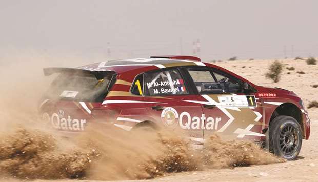 Qataru2019s ace driver Nasser Saleh al-Attiyah and his co-driver Matthieu Baumel on their way to winning the recent Qatar International Rally.