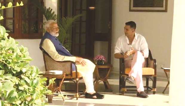 Prime Minister Narendra Modi being interviewed by Bollywood actor Akshay Kumar in New Delhi yesterday.