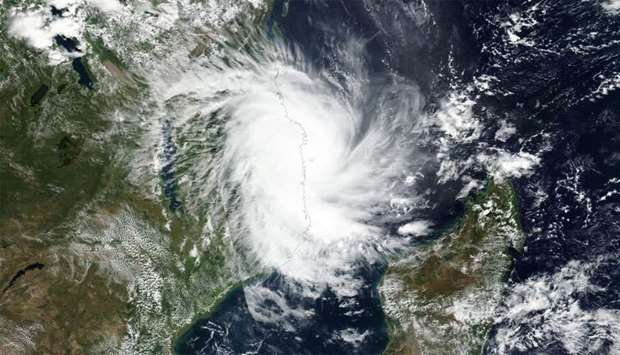Tropical Cyclone Kenneth approaches the coast of Mozambique