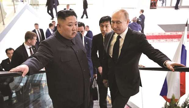 Russian President Vladimir Putin meets with North Korean leader Kim Jong-un at the Far Eastern Federal University campus on Russky island in the far-eastern Russian port of Vladivostok.