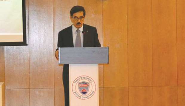 HE the Minister of State Dr Hamad bin Abdulaziz al-Kuwari delivers a lecture at Turkish Bilkent University entitled u2018Cultural diplomacy: building the epic of human co-existenceu2019 in Ankara yesterday.