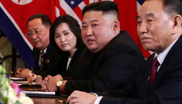 North Korea's leader Kim Jong Un, North Korean Foreign Minister Ri Yong Ho and Kim Yong Chol, Vice Chairman of the North Korean Workers' Party Committee, attend the extended bilateral meeting in the Metropole hotel with US