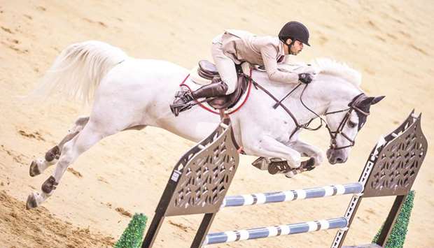 Salmeen Sultan al-Suwaidi rides 19-year-old grey gelding Cantaro 32  to victory in the Big Tour class at the 12th leg of the Hathab Equestrian Tour at Al Shaqab arena.