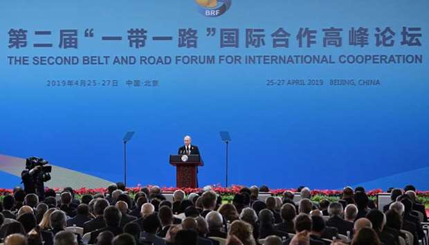 Russian President Vladimir Putin delivers a speech at the opening ceremony for the second Belt and Road Forum in Beijing, China