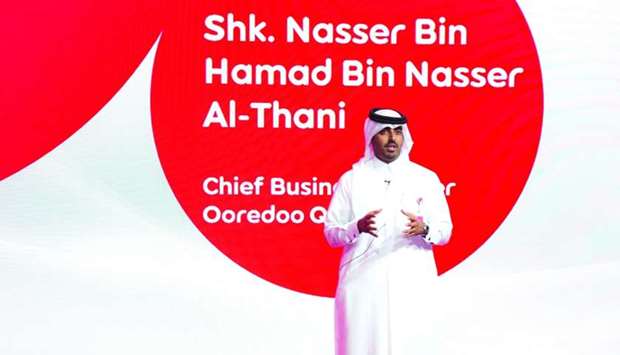 Ooredoo Qatar chief business officer Sheikh Nasser bin Hamad bin Nasser al-Thani speaking at the event.
