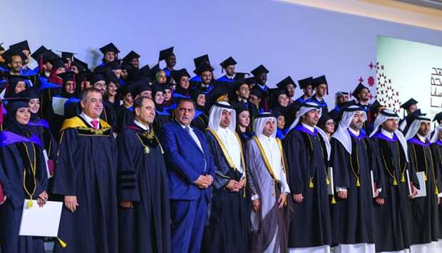 HE the Prime Minister and Interior Minister Sheikh Abdullah bin Nasser bin Khalifa al-Thani, HE the Minister of Education and Higher Education Mohamed Abdul Wahed Ali al-Hammadi and other dignitaries at a ceremony at St Regis Doha.