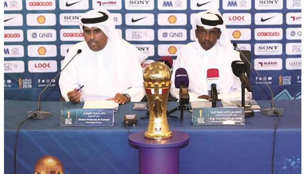 Khalid Mubarak al-Kuwari, the Qatar Football Associationu2019s Director of Marketing and  Communications, speaks to the media yesterday. To his right is Thani Khalifa al-Zarraa, the SCu2019s Al Wakrah Stadium Project Manager.