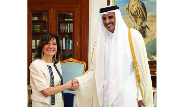 His Highness the Amir Sheikh Tamim bin Hamad al-Thani meeting yesterday with the President of the Italian Senate, Maria Elisabetta Casellati, in Doha.