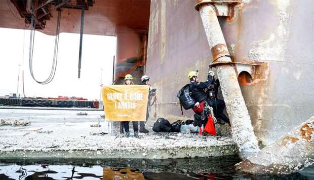 Greenpeace activists stay on the Equinor oil rig near Hammerfest, Norway