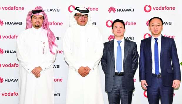 Sheikh Hamad, al-Misnad and Yang during the strategic agreement signed between Vodafone Qatar and Huawei to significantly enhance Vodafone Qataru2019s entire wireless network infrastructure including a largescale 5G rollout.