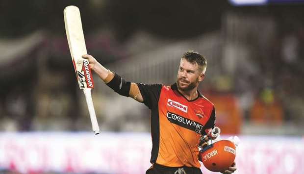 Sunrisers Hyderabadu2019s David Warner gestures as he walks back to the pavilion after scoring 81 runs in his last innings of the 2019 Indian Premier League match against Kings XI Punjab at the Rajiv Gandhi International Cricket Stadium in Hyderabad yesterday. (AFP)