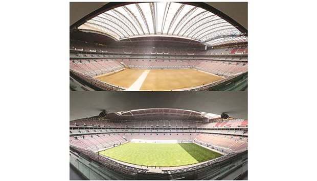 A view of the Al Bayt Stadium before and after the turf was laid.