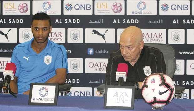 Al Sadd coach Jesualdo Ferreira (right) and defender Salem al-Hajri address a press conference yesterday.