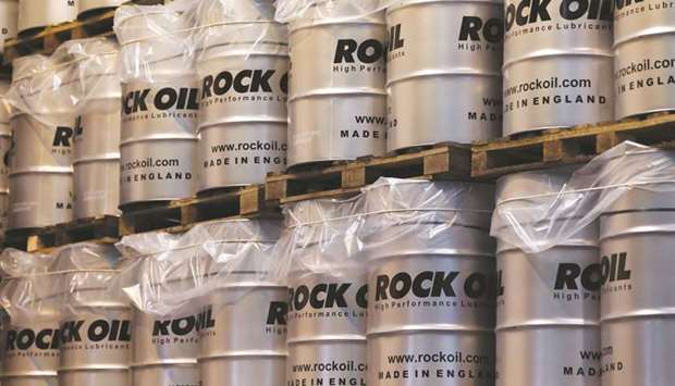 Barrels of oil-based lubricants stand in the storage yard at Rock Oilu2019s factory in Warrington, UK. Britainu2019s economy has been sluggish since the 2016 Brexit referendum and saw its weakest expansion in six years in 2018, even though unemployment fell to its lowest in more than 40 years.