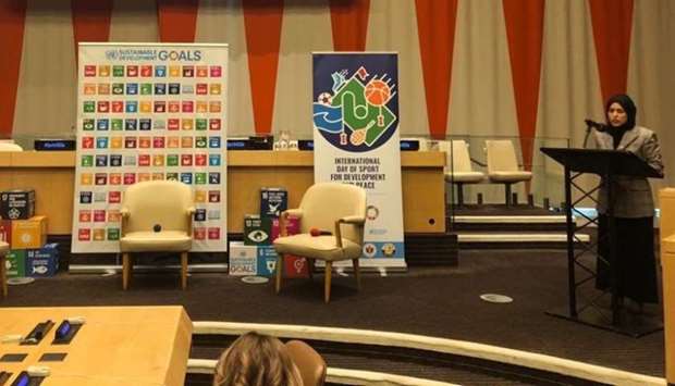 HE Sheikha Alya Ahmed bin Saif al-Thani speaking at the UN event in New York.