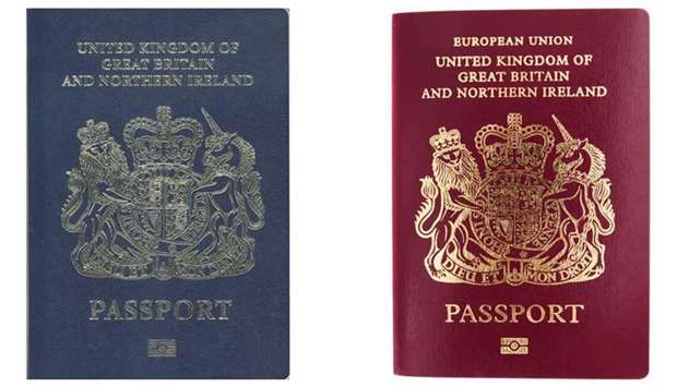 British passports have become ensnared in the country's Brexit divisions after the government announced in 2017 it would return to traditional blue passports (L),to restore national identity,.  Right: Present burgundy coloured passport with the words 'European Union,