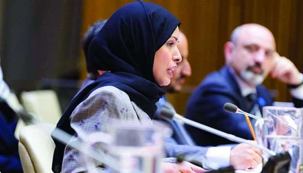 HE the Permanent Representative of the State of Qatar to the United Nations Sheikha Alya Ahmed bin Saif al-Thani delivering her speech at the UN headquarters in New York.