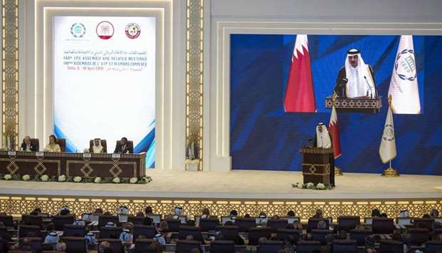 His Highness the Amir Sheikh Tamim bin Hamad al-Thani addressing the opening session of the 140th Assembly of the Inter-Parliamentary Union (IPU) in Doha on Saturday