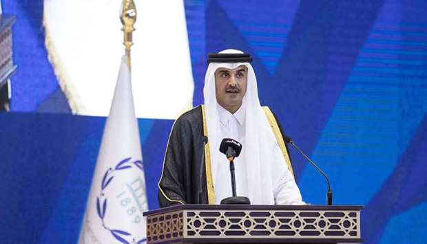 His Highness the Amir Sheikh Tamim bin Hamad al-Thani addressing the opening session of the 140th Assembly of the Inter-Parliamentary Union (IPU) in Doha on Saturday.