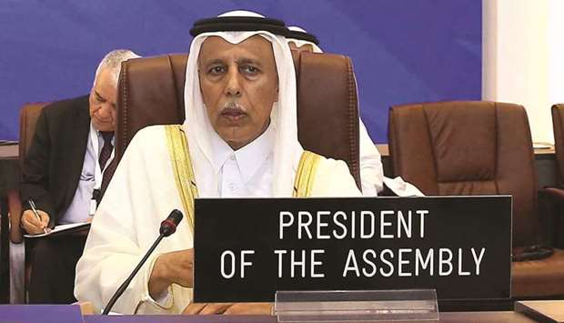 HE the Speaker of the Advisory Council Ahmed bin Abdullah bin Zaid al-Mahmoud addressing the Inter-Parliamentary Union General Assembly in Doha yesterday.