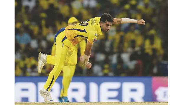 Chennai Super Kingsu2019 Deepak Chahar bowls during the 2019 Indian Premier League (IPL) Twenty20 match against Kolkata Knight Riders at the MA Chidhambaram Stadium in Chennai, India, yesterday. (AFP)