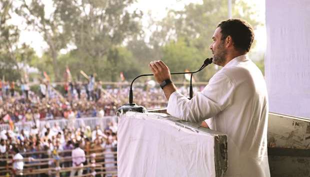 Congress Party president Rahul Gandhi addresses an election rally in Gaya, Bihar, yesterday.