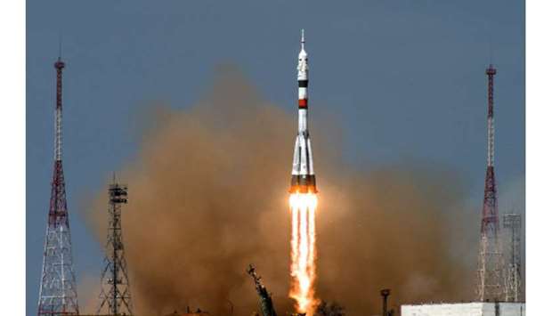 This Roscosmos handout picture shows the Soyuz MS-16 spacecraft carrying the members of the International Space Station (ISS) expedition 63 blasting off from the launch pad at the Russian-leased Baikonur cosmodrome in Kazakhstan.