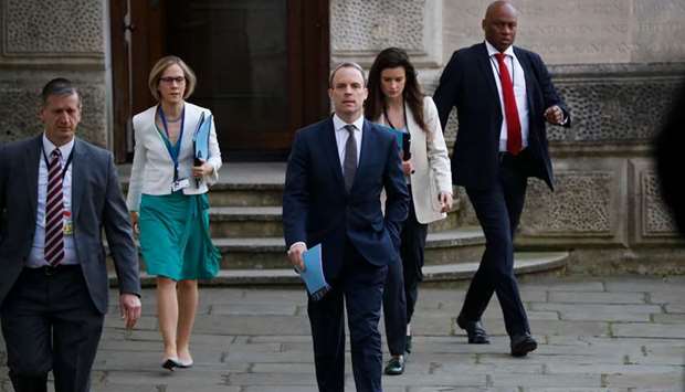 Foreign Secretary Dominic Raab arrives for a COBRA meeting at 10 Downing Street in central London yesterday.