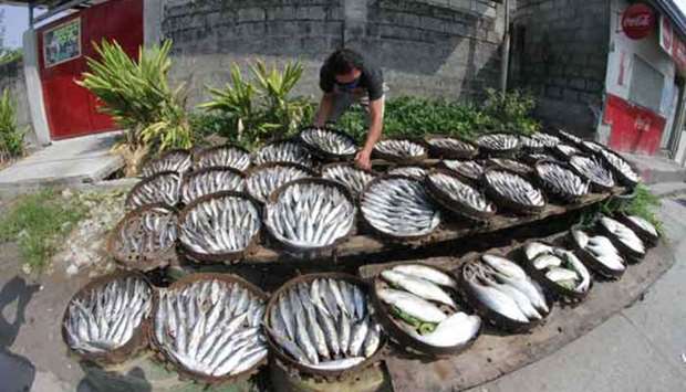 A man dries fish along a street in San Pedro in Cutud, San Fernando in Pampanga on Good Friday.