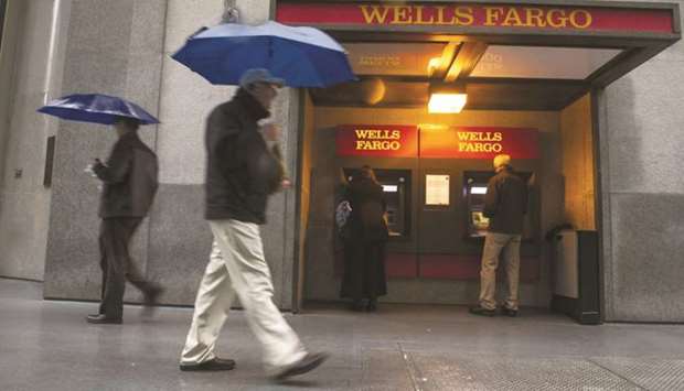 Pedestrians walk in front of Wells Fargo & Co headquarters in San Francisco. Wells Fargo kicked off the week by announcing it had exhausted its capacity to accept applications from small businesses seeking to tap a federal rescue programme, arguing that a 2018 ban on its growth was constraining its ability to lend.