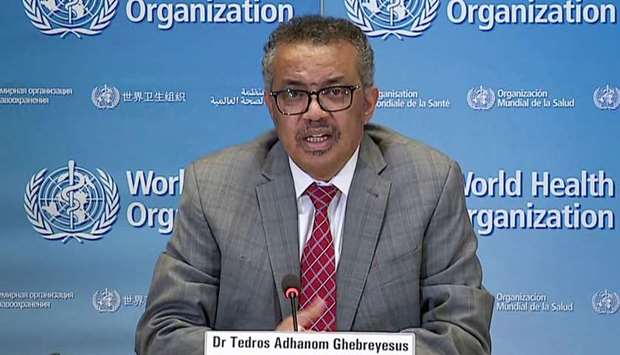 A TV grab taken from the World Health Organisation website shows WHO Chief Tedros Adhanom Ghebreyesus via video link as he delivers a news briefing on Covid-19 (novel coronavirus) from the WHO headquarters in Geneva on Monday.