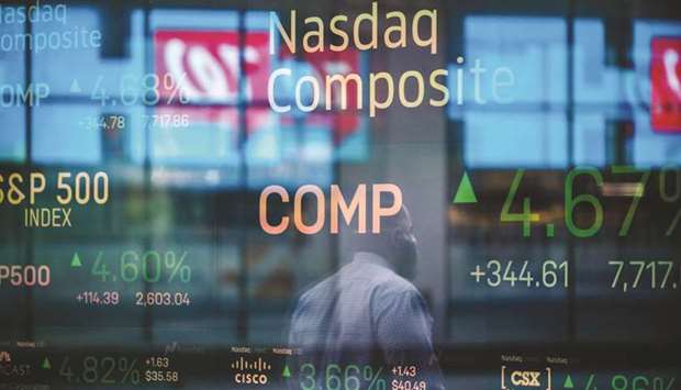 Monitors displaying stock market information are seen through the window of the Nasdaq MarketSite in New York.