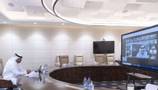 HE the Prime Minister and Minister of Interior Sheikh Khalid bin Khalifa bin Abdulaziz al-Thani chairing the Cabinet meeting via video-conference.
