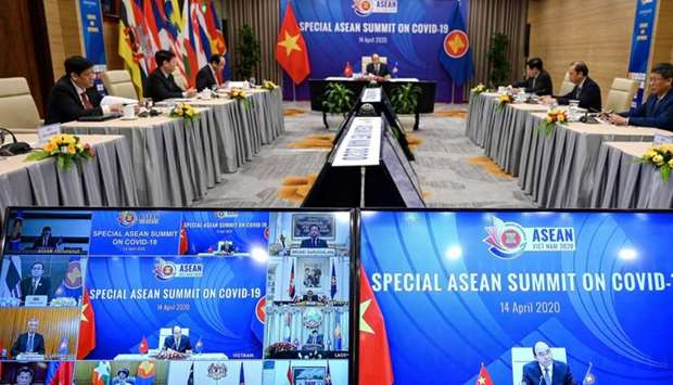 Vietnam's Prime Minister Nguyen Xuan Phuc addresses a special video conference with leaders of the Association of Southeast Asian Nations (ASEAN), on the coronavirus disease (Covid-19), in Hanoi