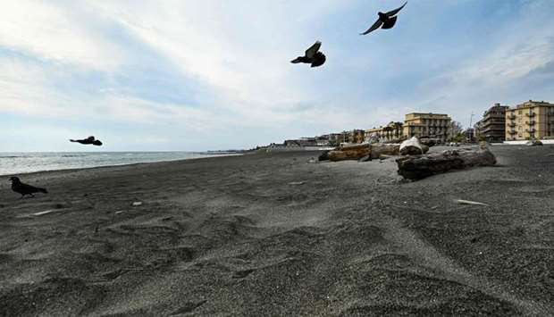 Pigeons fly over a deserted beach in Ostia,  southwest of Rome