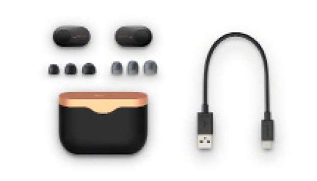 Sony wireless headphones and other accessories.