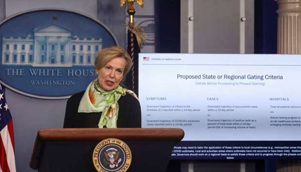 White House coronavirus coordinator Dr Deborah Birx announces ,Gating Criteria, for states and regions to use to determine the ability to introduce phased openings as the administration announces guidelines for ,Opening Up America Again, during the daily coronavirus task force briefing at the White House in Washington, US