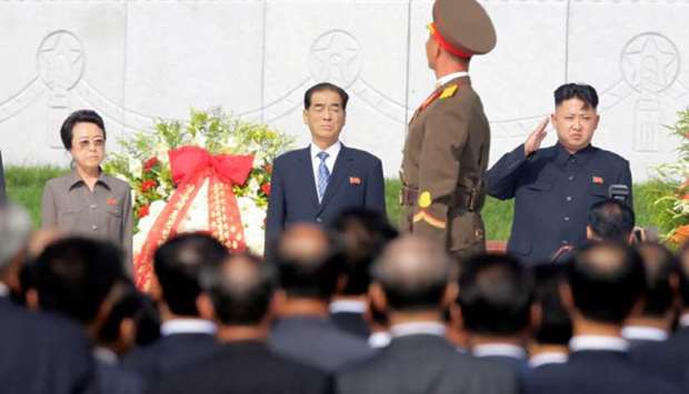 In this file picture, North Korean leader Kim Jong-un (right) salutes as an honour guard march past as he and his aunt Kim Kyong-hui, premier Pak Pong-ju attend the opening ceremony of the Cemetery of Fallen Fighters of the Korean Peopleu2019s Army (KPA) in Pyongyang, North Korea, as part of celebrations ahead of the 60th anniversary of the signing of a truce in the 1950-1953 Korean War.
