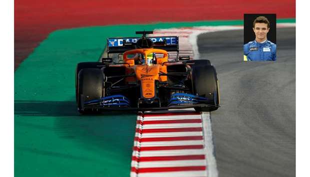 McLarenu2019s Lando Norris (also inset) during Formula One pre-season testing at the Circuit de Barcelona-Catalunya, Barcelona, on February 21, 2020. (Reuters)