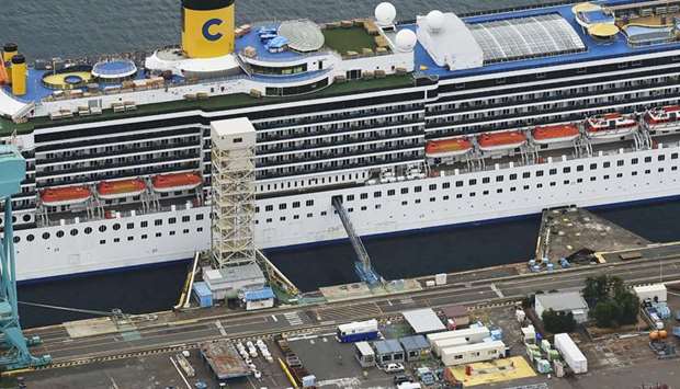 An aerial view shows Italian cruise ship Costa Atlantica, which has crew members confirmed with cases of the coronavirus disease infection, in Nagasaki, southern Japan.