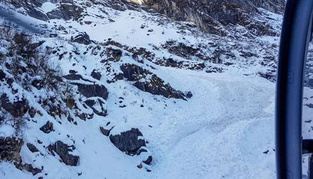 In this file photo taken on January 20, 2020, a general view shows from a helicopter the avalanche site in Annapurna mountain region, some 200 kms west of Kathmandu