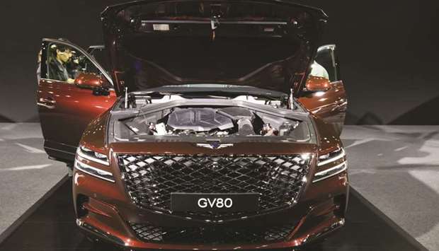 A Hyundai Motor Genesis GV80 sport utility vehicle is displayed during a launch event in Goyang. South Korean companies that have been facing negative credit actions by S&P this month include Mirae Asset Daewoo, Hyundai Motor, Hyundai Steel and Hyundai Glovis.