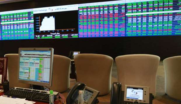 A view of the electronic screens inside the Qatar Stock Exchange.