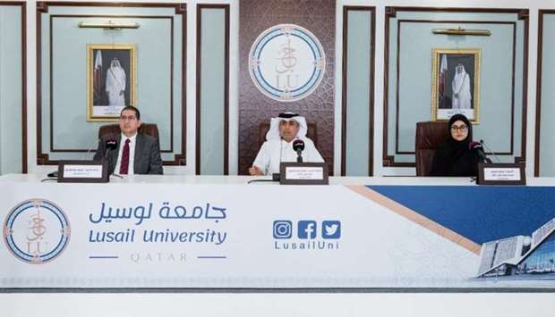 Dr Ibrahim bin Saleh al-Nuaimi (centre) and other officials announcing the launch of Lusail University at a press conference on Qatar TV on Wednesday.