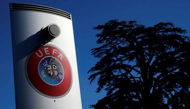 A logo is pictured outside the UEFA in Nyon, Switzerland. (Reuters)