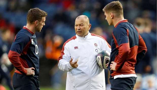 England head coach Eddie Jones (centre) during a warm up session in Edinburgh, Scotland, on February 8, 2020. (Reuters)