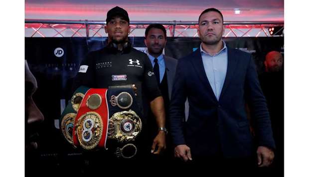Anthony Joshua (left) and Kubrat Pulev during a press conference in Cardiff, Britain, on September 11, 2017. (Reuters)