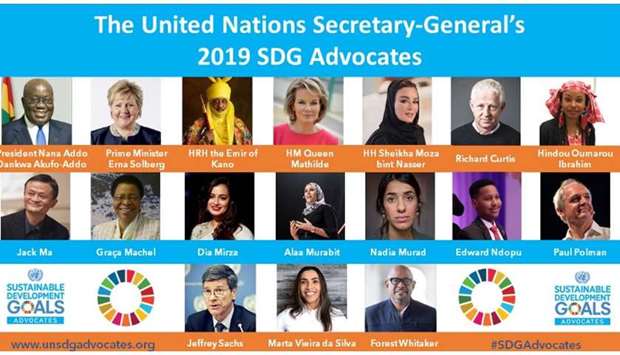 The SDG Advocates and Alumni comprise a lineup of public and globally influential figures in all fields, including Her Highness Sheikha Moza bint Nasser, Founder and Chairperson Founder of Education Above All Foundation; Norway's Prime Minister Erna Solberg and Ghana's President Nana Akufo Dankwa Akufo-Addo.